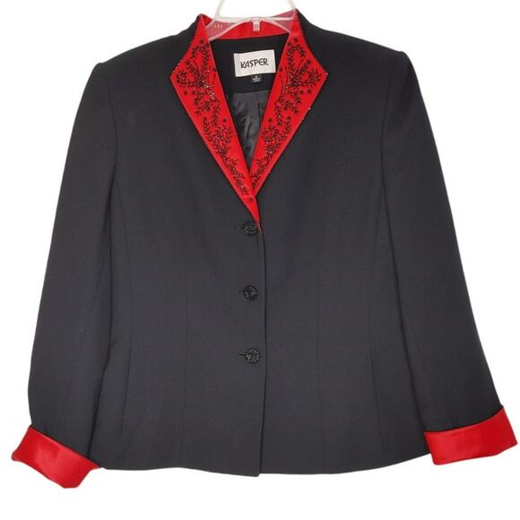 KASPER Blazer Jacket Beaded Long Sleeve Lined Black Red Womens Size 10 - Picture 1 of 9